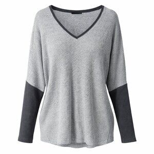 White House Black Market Gray Ribbed Tunic Top L Dolman Sleeve V-Neck